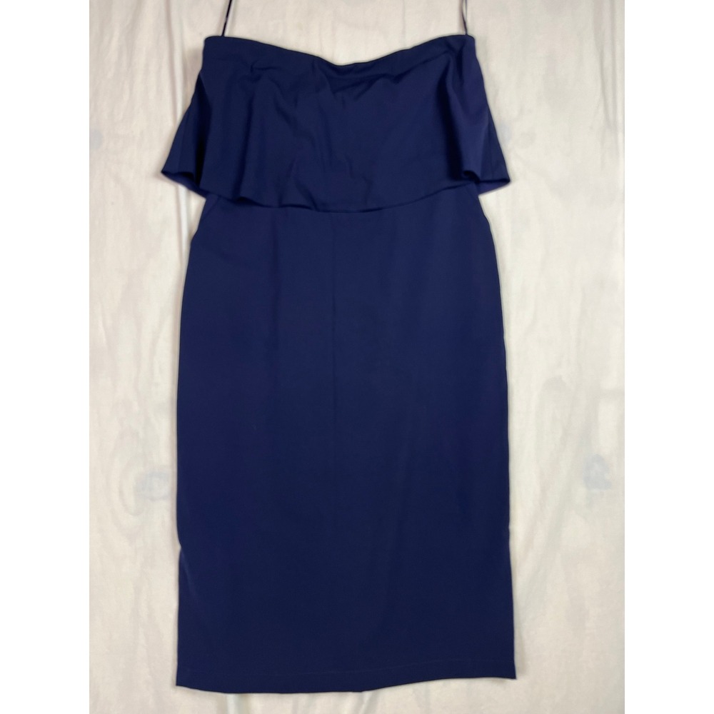 Lulus Navy Blue Strapless Popover Ruffle Midi Dress Pockets Large 0597 - Picture 2 of 6